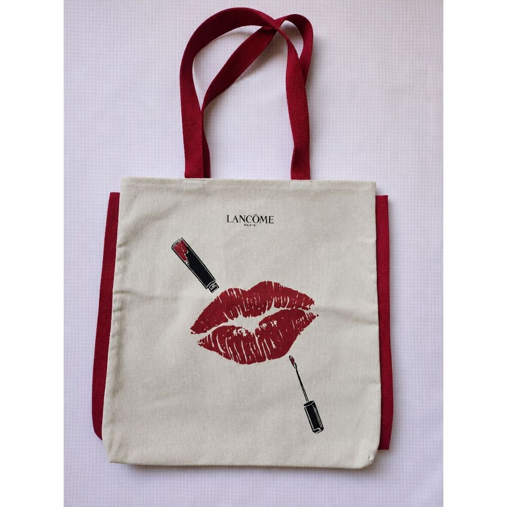 Lancome Paris Red Lipstick Lip Print Canvas Tote Bag